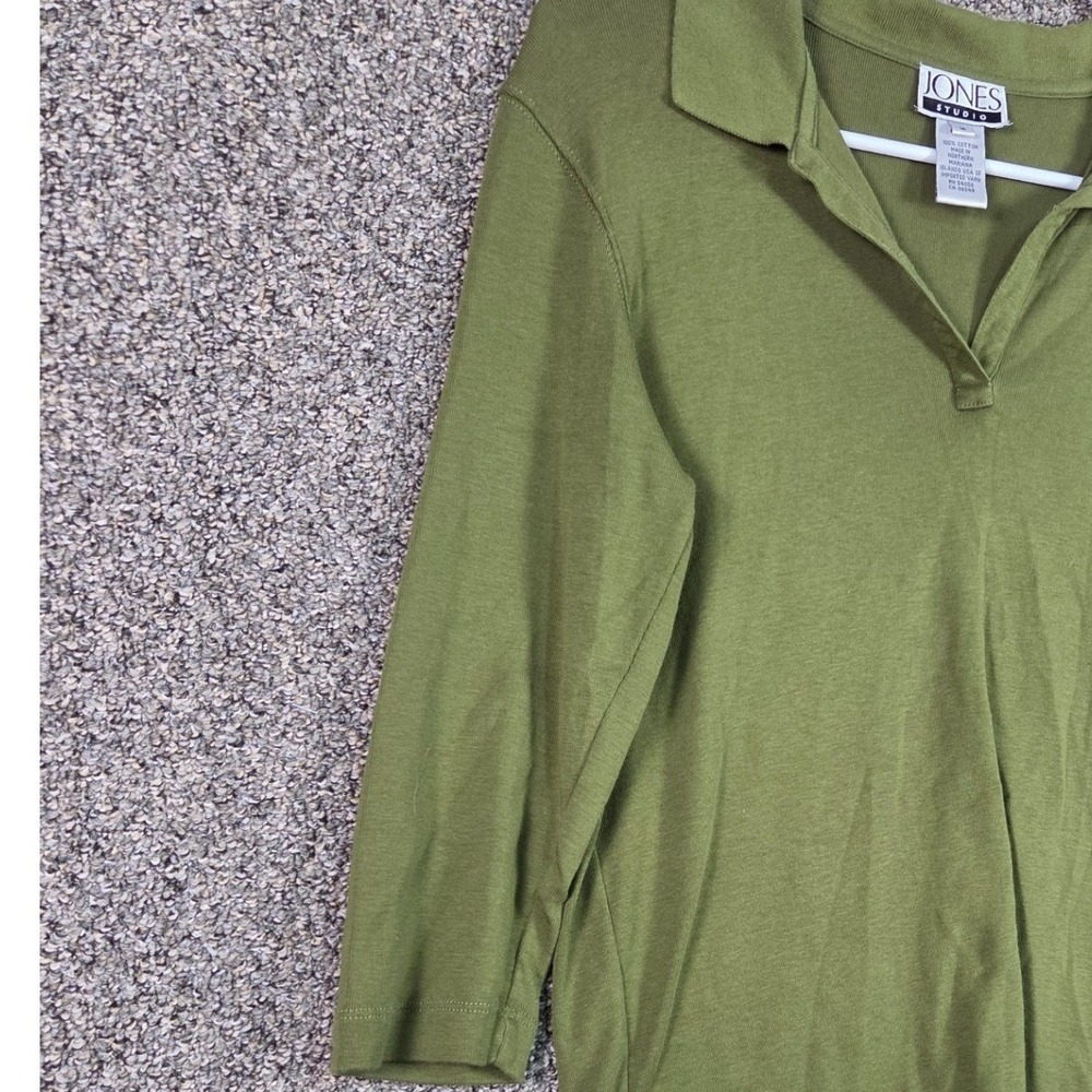 Jones Studio Polo Shirt Womens Medium Green 3/4 Sleeve Cotton Split Neck Ribbed - Picture 4 of 9